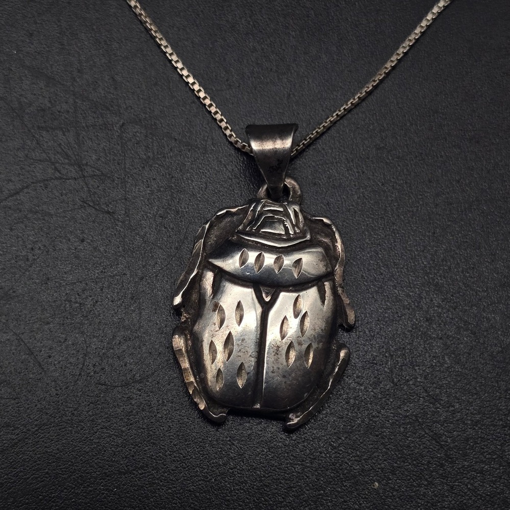 Sterling Silver Scarab Beetle Necklace Bug Insect Vintage Taxco 925 C 277
